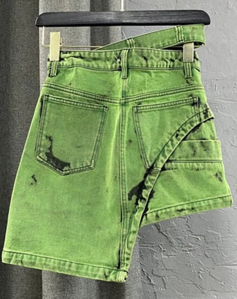 Women Fashion Asymmetrical Green Denim Skirt