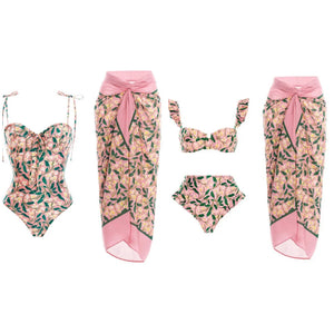 Women Sexy Pink Floral Swimsuit/Bikini Cover Up Set