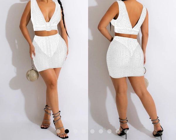 Women Sexy Sleeveless Mesh Bling Crop Two Piece Skirt Set