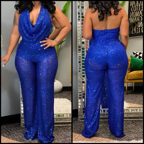 Women Sexy Sequins Blue Halter Jumpsuit