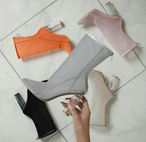 Women Fashion Mesh Transparent Heel Ankle Boots