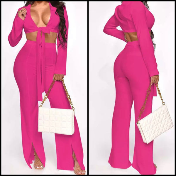 Women Sexy Tie Up Full Sleeve Crop Two Piece Pant Set