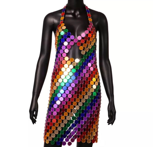Women Sexy Halter Multicolored Mirror Dress