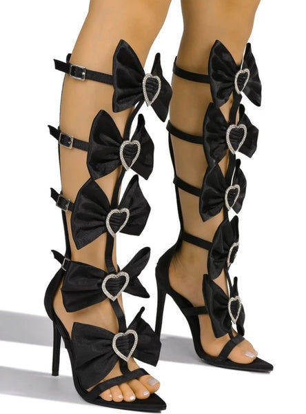Women Fashion Rhinestone Heart Bow Lace Up Sandals