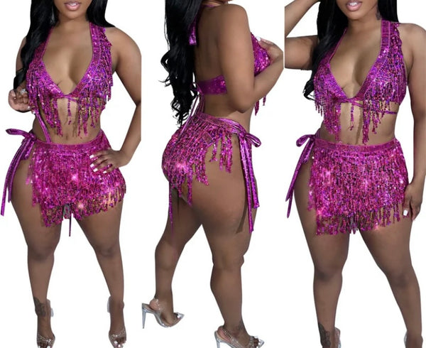 Women Halter Sexy Sparkle Tassel Two Piece Skirt Set