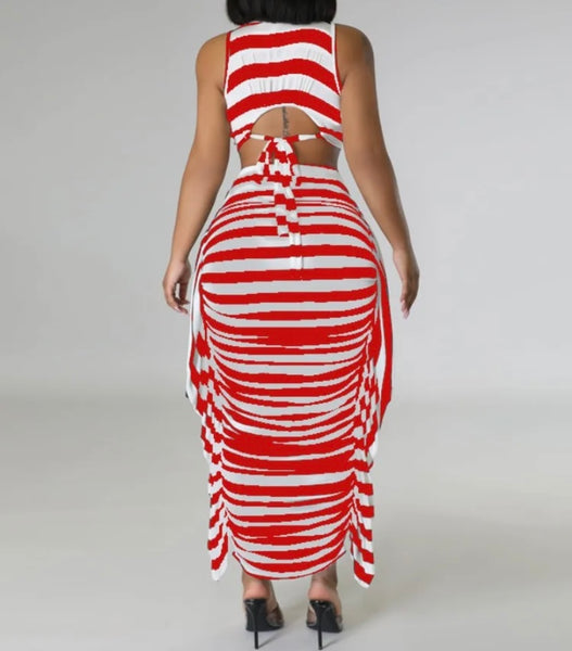 Women Sexy Striped Short Sleeve Crop Two Piece Maxi Skirt Set