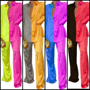 Women Color Patchwork Button Up Two Piece Pant Set