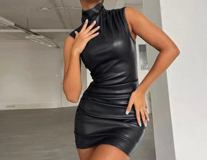 Women Sexy Sleeveless Turtleneck PU Dress