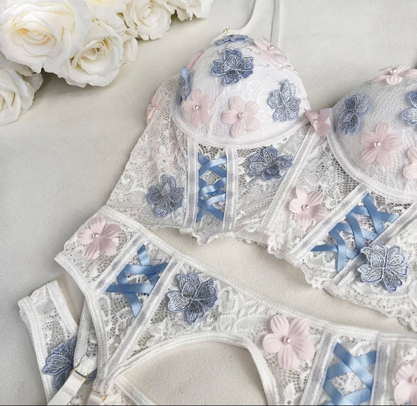 Women Pearl Floral Mesh Sexy Lingerie Set