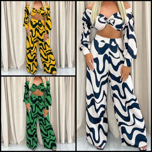 Women Fashion Off The Shoulder Printed Full Sleeve Crop Two Piece Pant Set