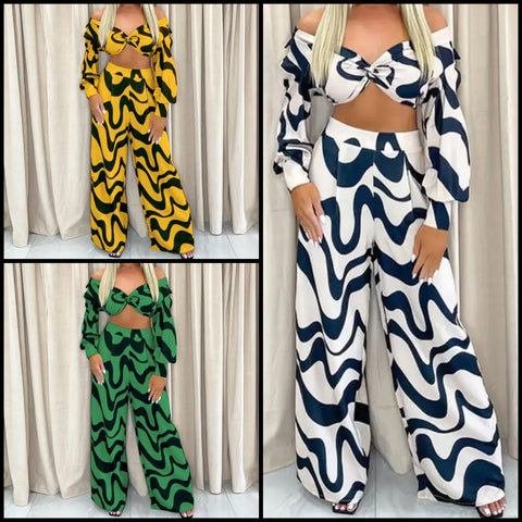 Women Fashion Off The Shoulder Printed Full Sleeve Crop Two Piece Pant Set