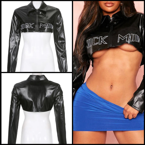 Women Fashion Black PU Letter Print Crop Jacket