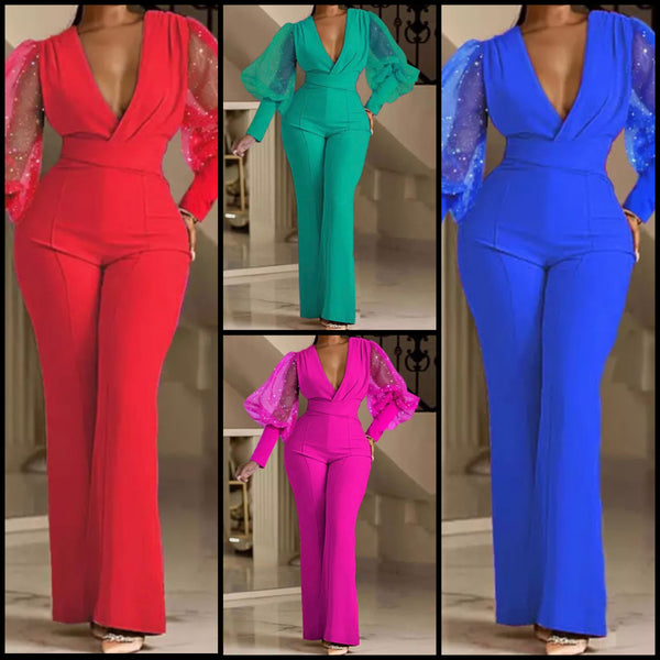Women Sexy V-Neck Mesh Patchwork Full Sleeve Jumpsuit