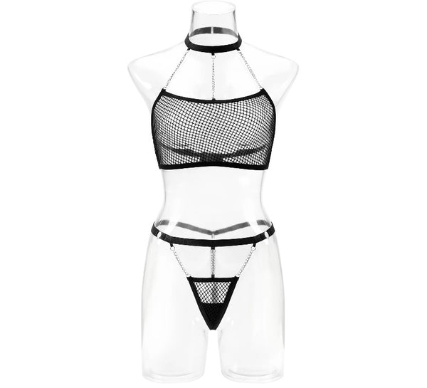 Women Sexy Chain Mesh Thong Lingerie Set