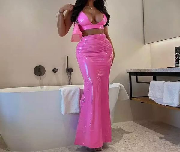 Women Sexy Sleeveless PU Crop Two Piece Maxi Skirt Set