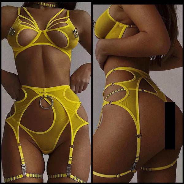 Women Sexy Yellow Choker Mesh Lingerie Set