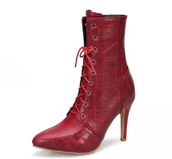 Women Pointed Toe Lace Up Fashion Ankle Boots