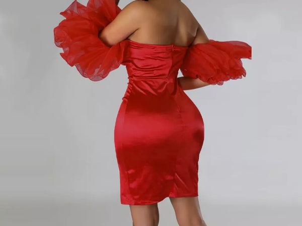 Women Sexy Satin Ruffled Puff Sleeve Off The Shoulder Dress