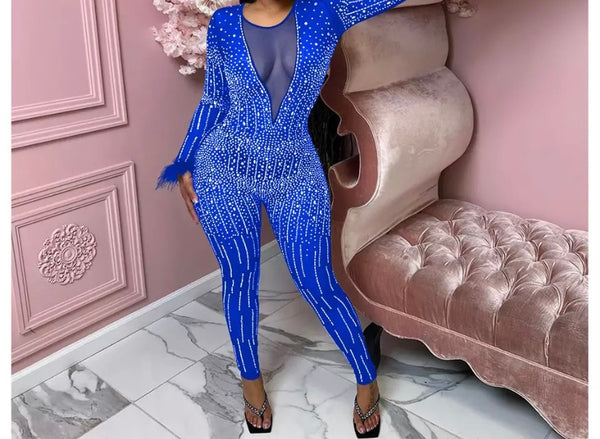 Women Sexy Bling Mesh Full Feather Sleeve Jumpsuit