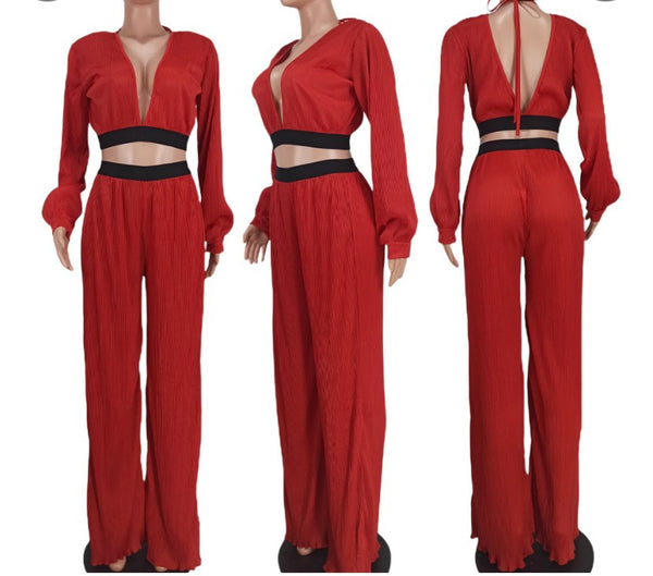 Women Sexy Full Sleeve Crop Open Back Two Piece Pant Set
