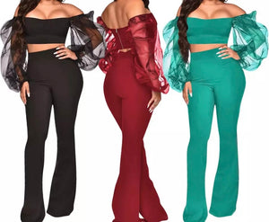 Women Sexy Off The Shoulder Mesh Long Sleeve Two Piece Pant Set