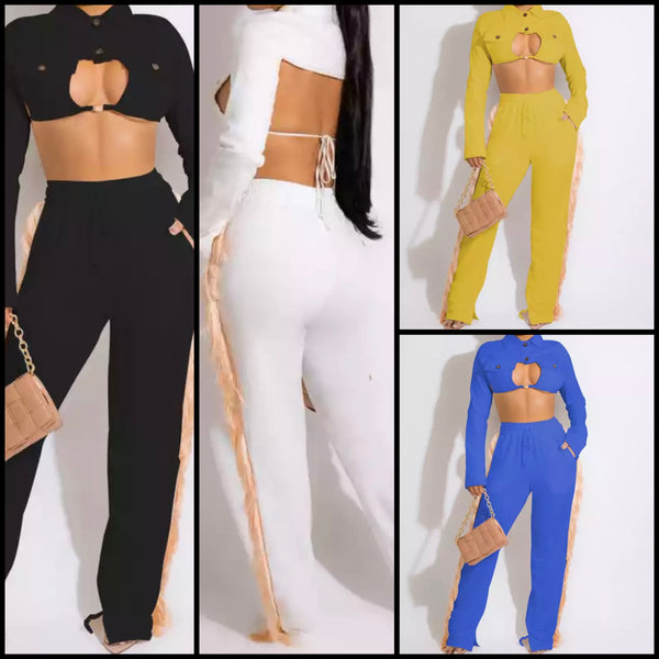 Women Full Sleeve Open Back Crop Two Piece Feather Pant Set