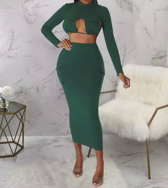 Women Sexy Full Sleeve Tie Up Open Back Two Piece Maxi Skirt Set