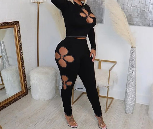 Women Sexy Full Sleeve Hollow Out Crop Two Piece Pant Set