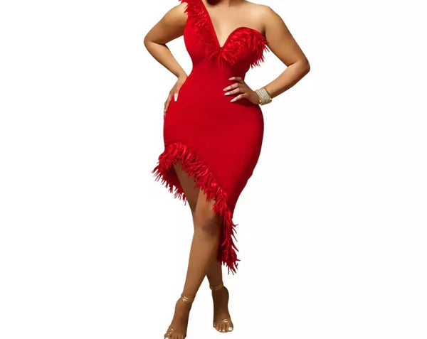 Women Sexy One Shoulder Feather Dress