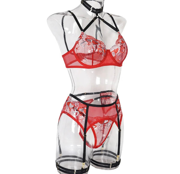 Women Sexy Heart Mesh Color Patchwork Lingerie Set
