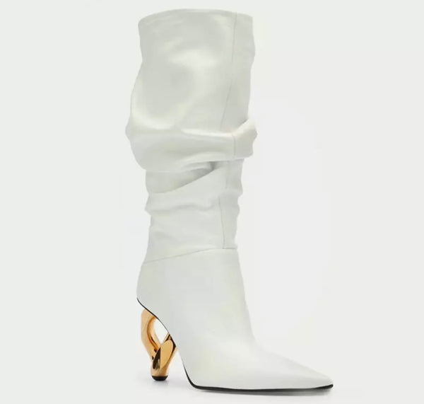 Women Ruched Pointed Toe Fashion Metal Heel Mid-Calf Boots