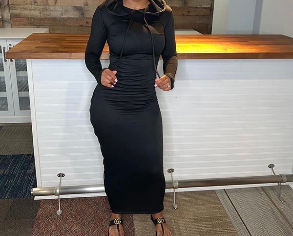 Women Fashion Hooded Side Zipper Full Sleeve Maxi Dress