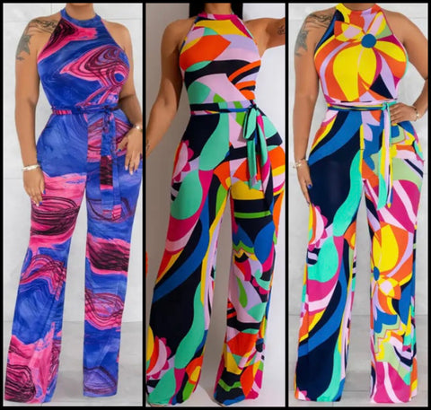 Women Sleeveless Colorful Print Belted Wide Leg Jumpsuit
