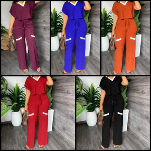 Women Short Sleeve Color-Block Fashion Two Piece Pant Set