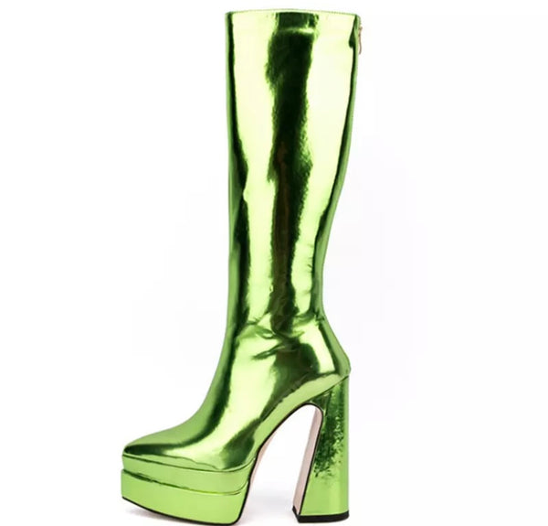 Women Pointed Toe Fashion Platform PU Knee High Boots