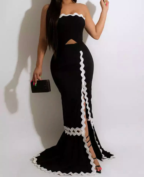 Women Sexy Black/White Strapless Maxi Dress