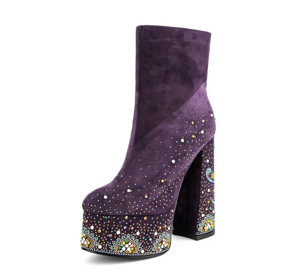 Women Fashion Suede Beaded Platform Ankle Boots