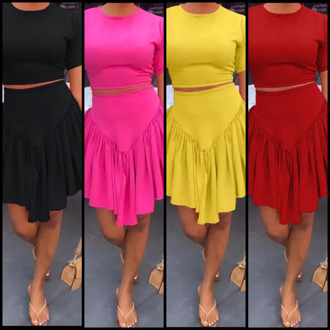 Women Sexy Short Sleeve Solid Color Two Piece Pleated Skirt Set