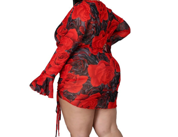 Women Sexy Full Sleeve Floral Drawstring Two Piece Skirt Set