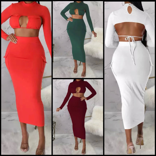 Women Sexy Full Sleeve Tie Up Open Back Two Piece Maxi Skirt Set