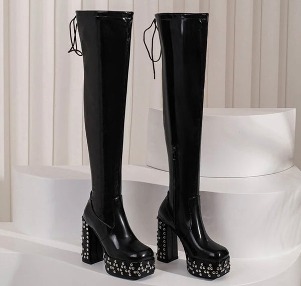 Women Fashion PU Rivet Platform Over The Knee Boots