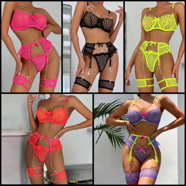 Women Chain Mesh Sexy Bow Lingerie Set