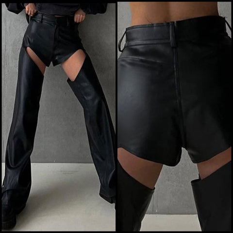 Women Black PU Fashion Cut Out Pants