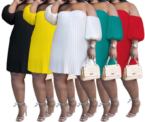 Women Sexy Off The Shoulder Pleated Short Sleeve Dress