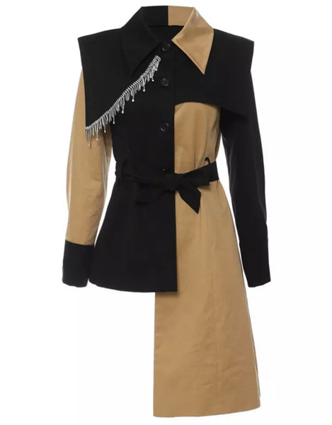 Women Color Patchwork Rhinestone Tassel Asymmetrical Jacket