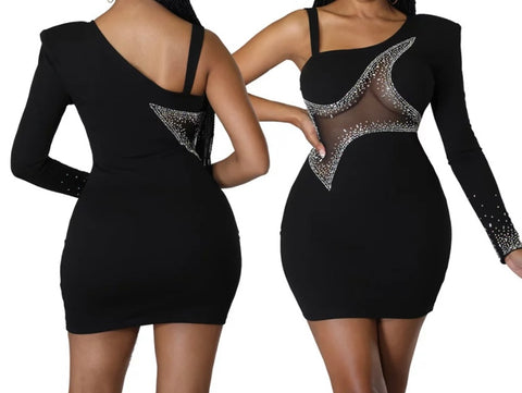 Women Sexy One Shoulder Full Sleeve Black Mesh Bling Patchwork Dress