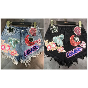 Women Sequins Printed Patchwork Fringe Fashion Denim Shorts