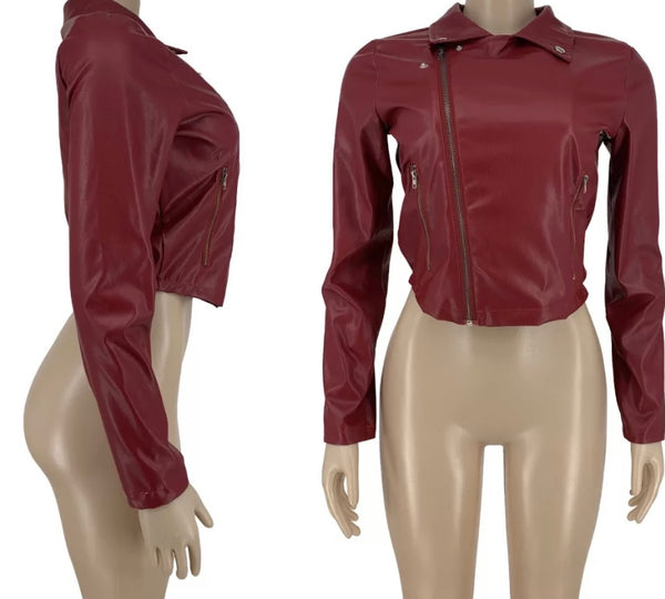 Women Fashion Solid Color Faux Leather Jacket