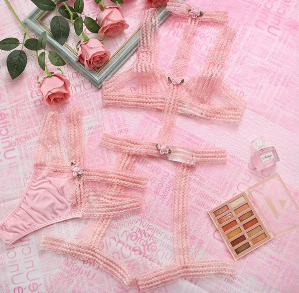 Women Pink Sexy Lace Up Lingerie Set