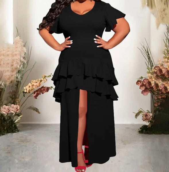 Women Sexy Short Sleeve Front Slit Ruffled Maxi Dress